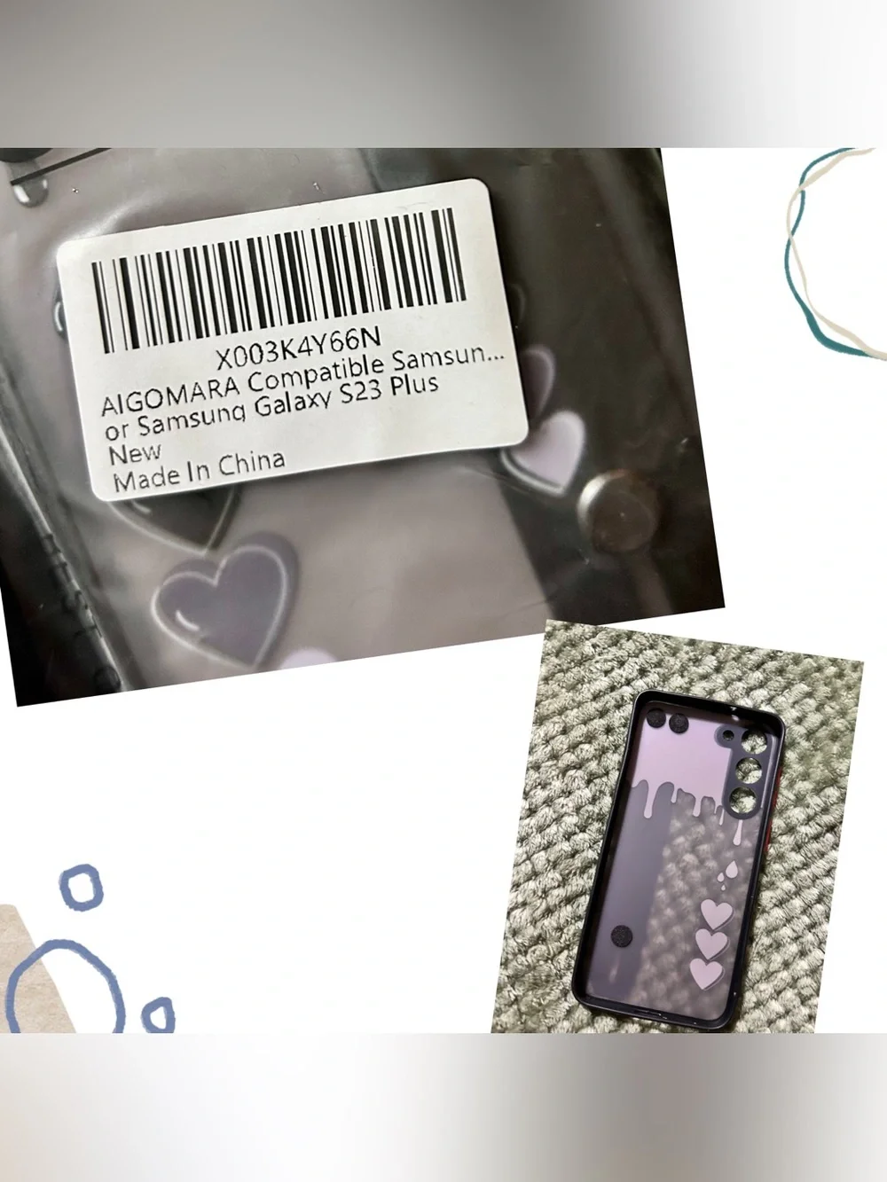 Samsung Galaxy S23 Plus Black Phone Case with Lavender Heart Drip Design